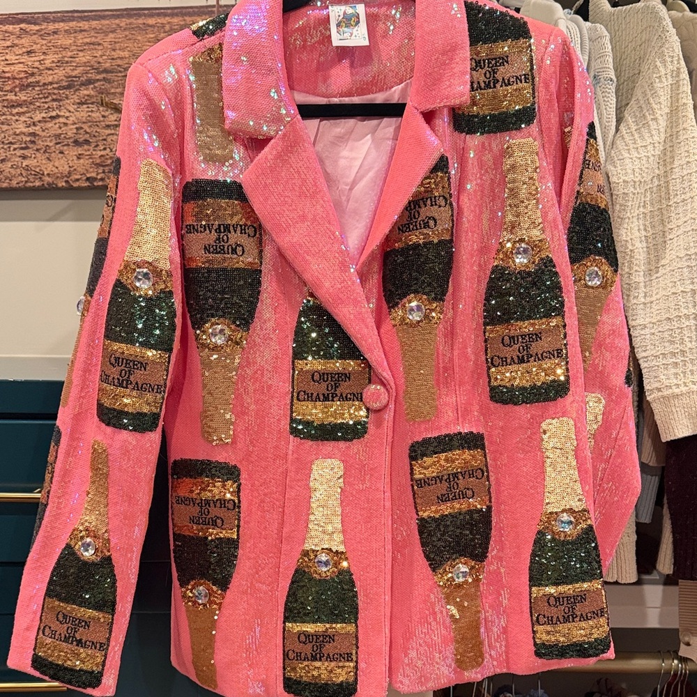 QUEEN OF SPARKLES Pink Sequin Champagne Bottle Blazer